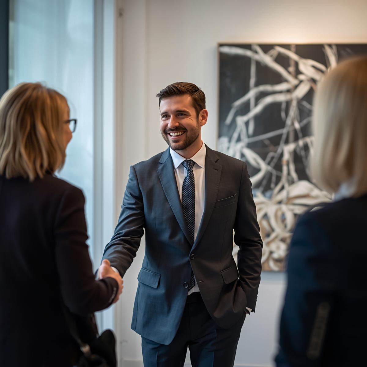 A well suited man greeting guest in an exhibition