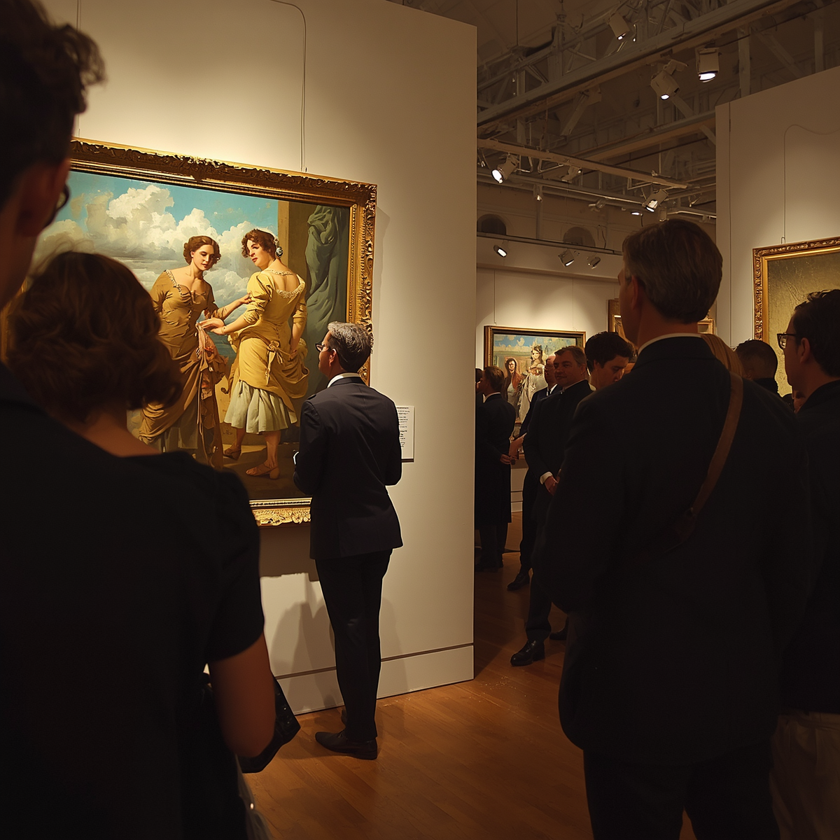 Art exhibition guest checking painting during opening night (1)